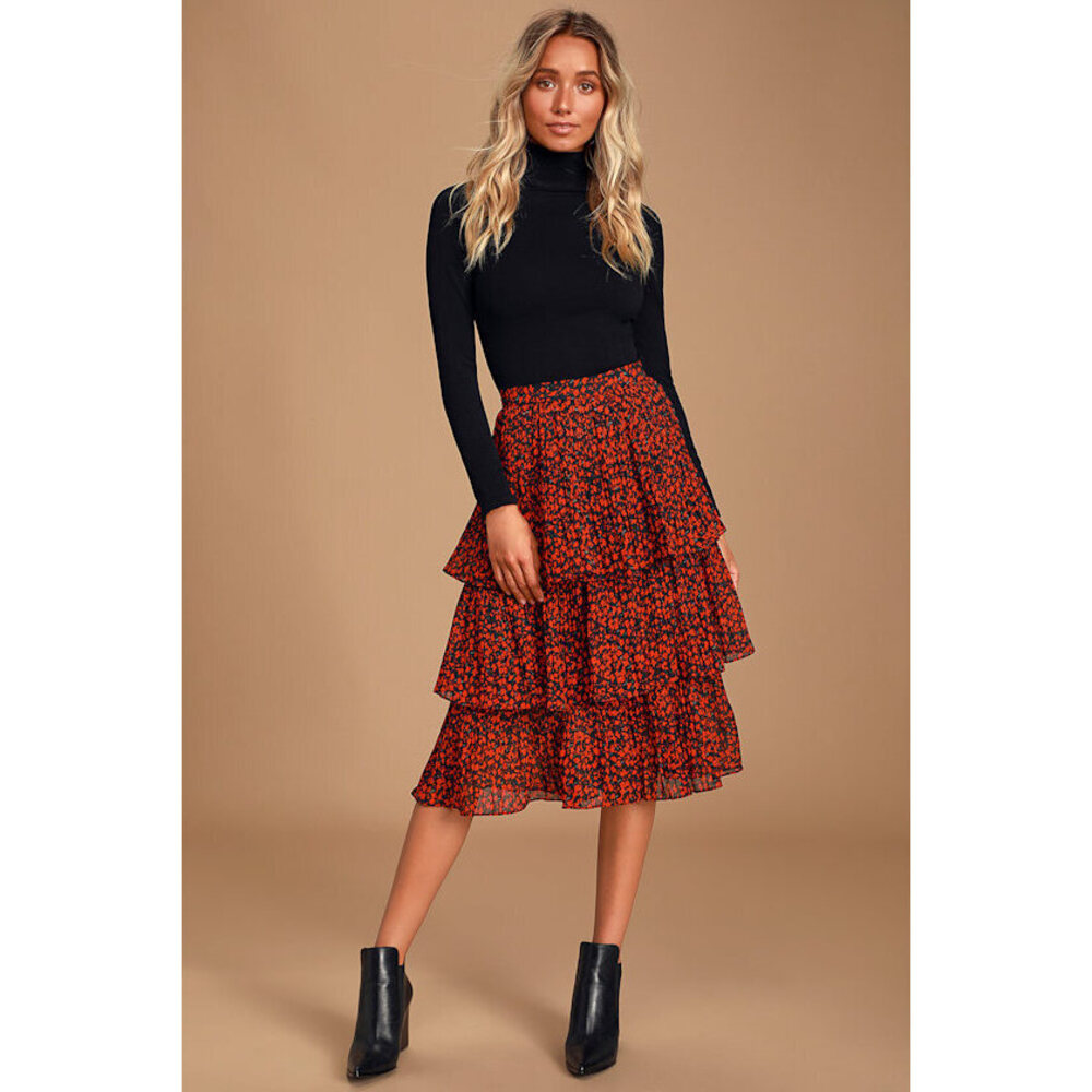 Lulus Duarte Black And Red Floral Print Pleated Tiered Midi Skirt - Size M